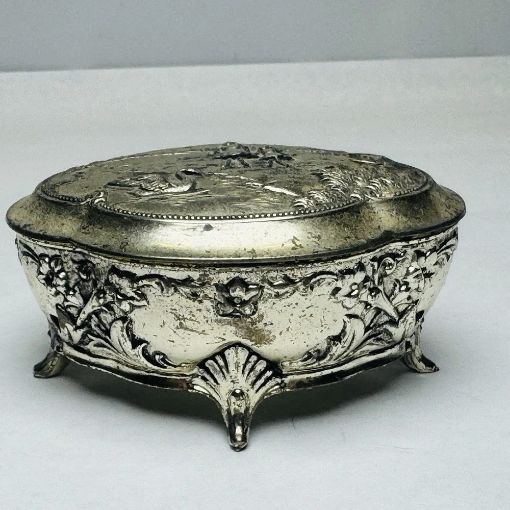 VTG Silver Metal Trinket Or‎ Jewelry Box Lined W/ Red Velvet And An Embossed Top